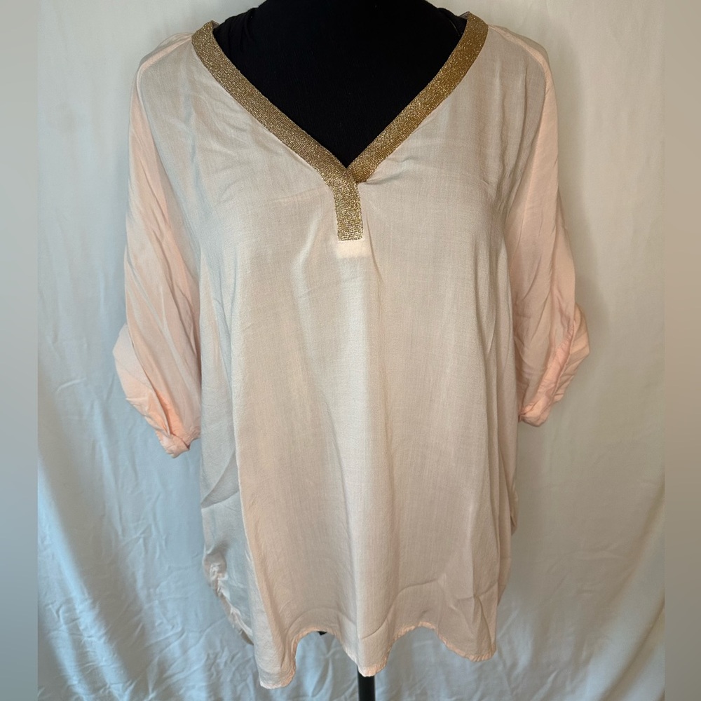 Juicy Couture Women’s Top Pink Blouse XL Gold V-Neck Trim Semi Sheer Flowy #580